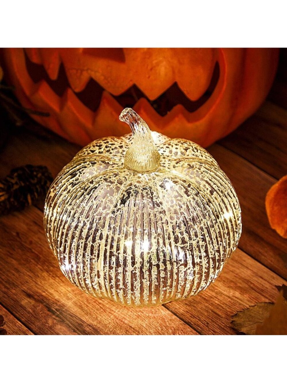 5.5"(14cm) Mercury Glass Light up Pumpkin w/ Timer Silver Battery Operated Decor